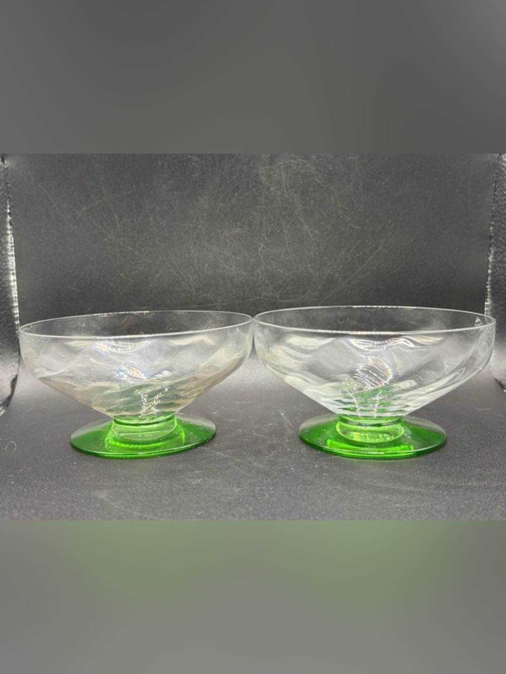 Pair Vintage Green Uranium Pedestal Base Clear Glass Sherbert Dish Bowl Cups